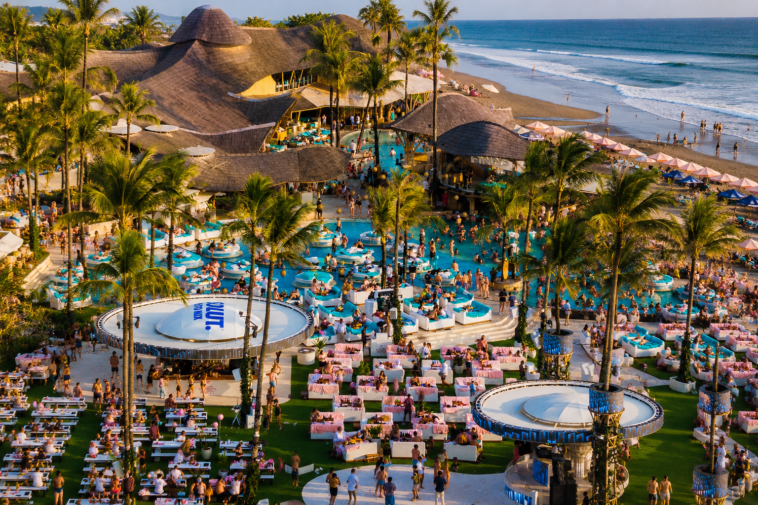 Daybeds and pool at Finns Beach Club, Berawa Canggu